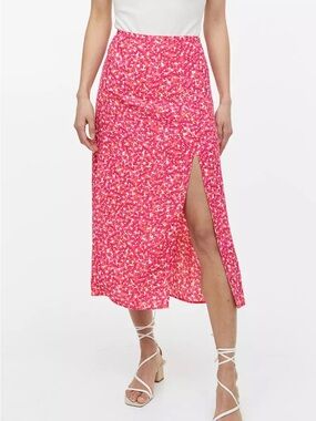 H&M Pink Floral Side-Slit Midi Skirt